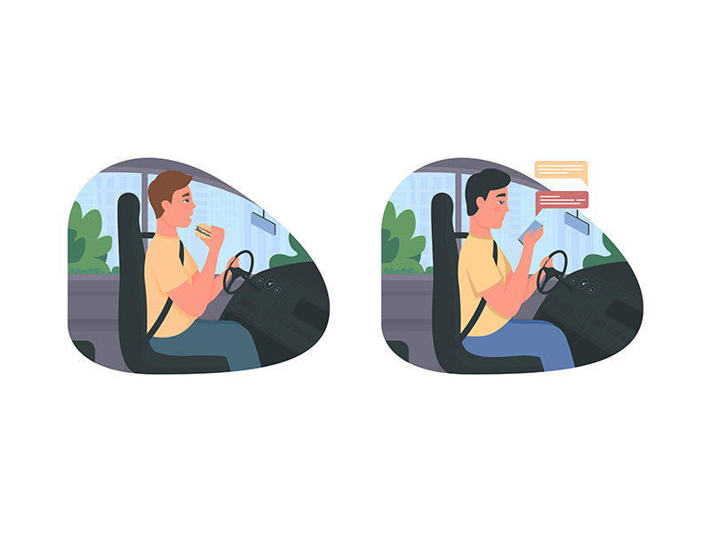 Distracted driving 2D vector web banner, poster set