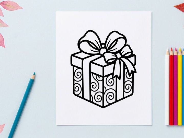 Christmas gift box icon with ribbon bow, black and white line art vector illustration.
