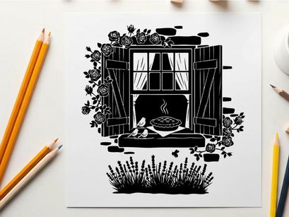 Silhouette of a cozy cottage window with flowers and a bird