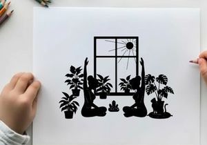 Silhouette of yoga figures and plants by a window