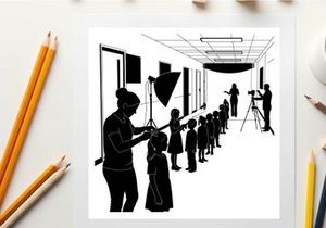 Silhouette of a line of children and photographers in a hallway setting