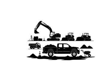 Construction site silhouette with heavy machinery and vehicles preview picture