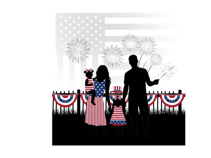 Family in silhouette celebrating 4th of july with fireworks and american flag