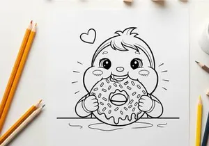 Cute baby eating donut messy happy vector illustration