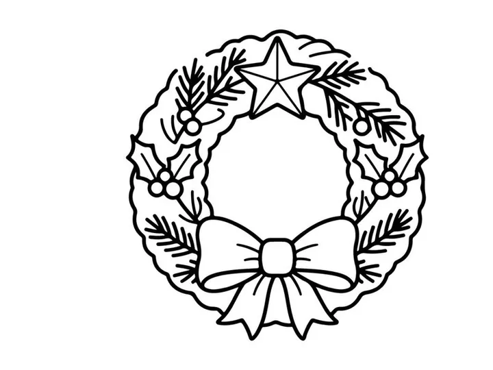 Weihnachtskranz-Linienkunst-Icon mit Stern und Schleife für Festtagsdesign und weihnachtliche Deko