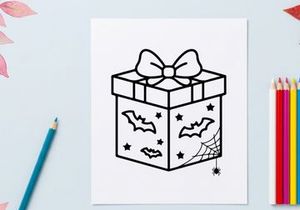 Halloween gift box with bats and spider web. Spooky holiday present icon for coloring page.