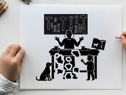 Silhouette of a man and boy with dog at a broken desk