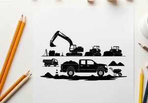 Construction site silhouette with heavy machinery and vehicles
