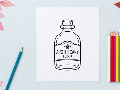 Apothecary elixir bottle with vintage label design. Hand-drawn herbal remedy container for wellness and natural medicine branding.