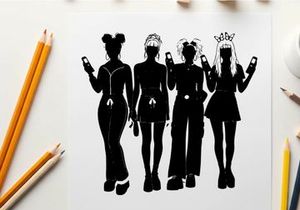 Four women in silhouette checking their phones together