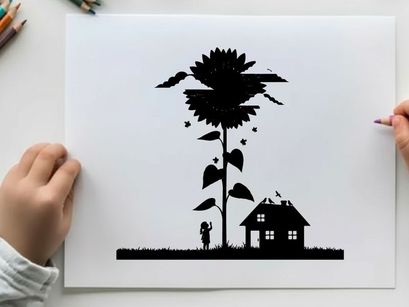 Silhouette of a person standing next to a giant sunflower and house