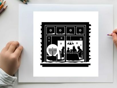 Silhouette of jewish family celebrating hanukkah in a traditional home with menorah silhouette