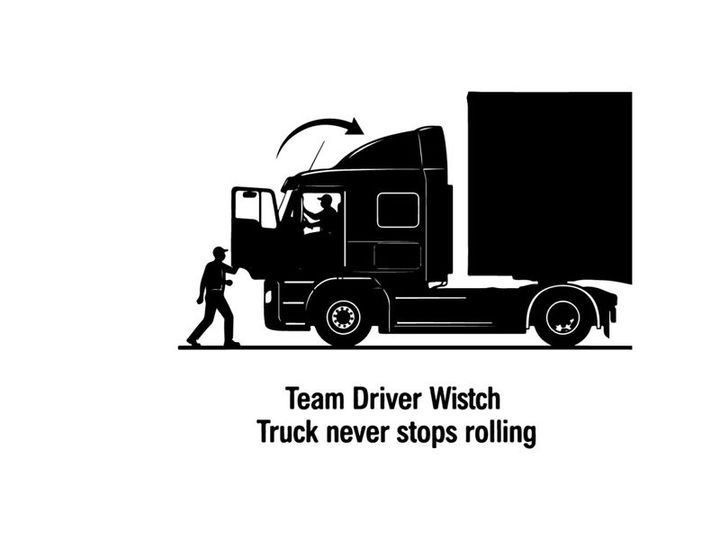 Silhouette of team driver wistch with rolling semi truck silhouette