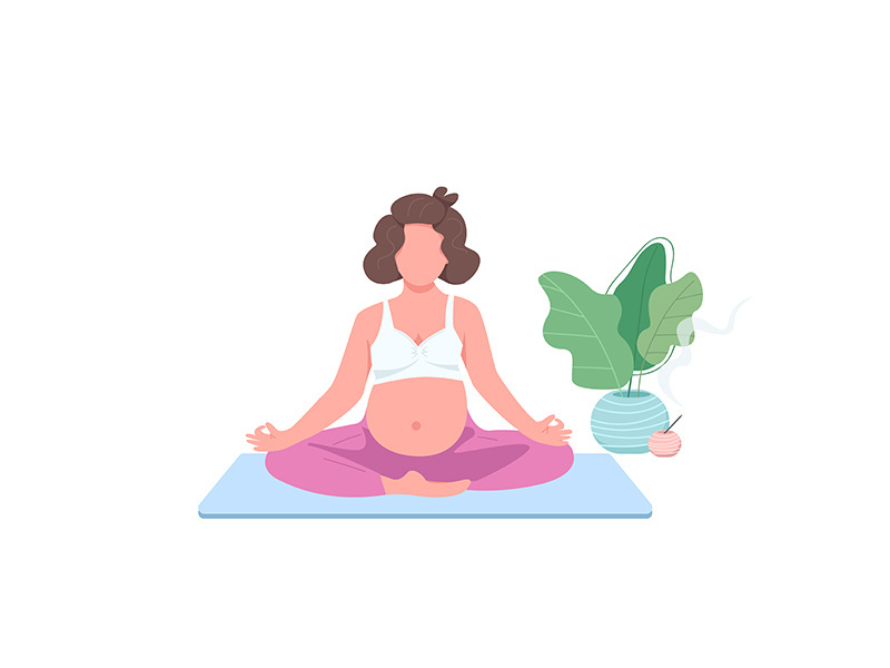 Meditating pregnant girl flat color vector faceless character
