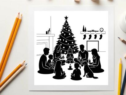 Family in silhouette celebrating around a christmas tree