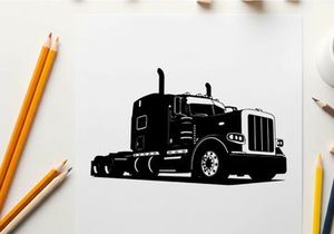 Silhouette of a large black semi truck on a white background