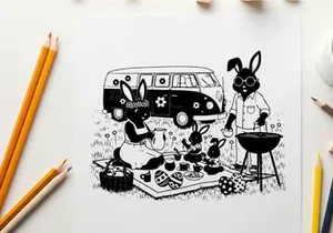 Bunnies picnic silhouette with bbq and flower power van