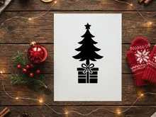 Black Christmas tree icon with gift box silhouette for holiday design and festive graphics