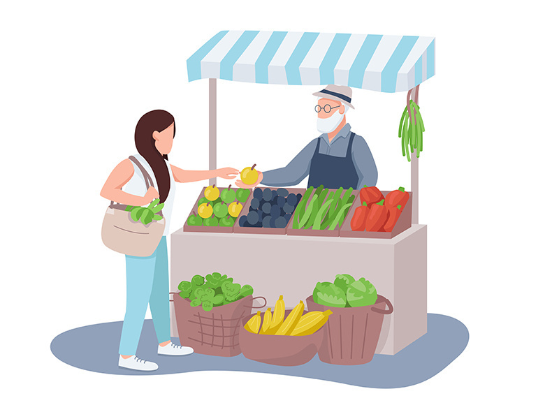 Veggies and fruits seller and buyer flat color vector faceless characters