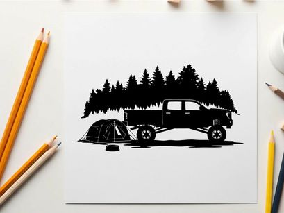 Silhouette of a car and tent in a forest