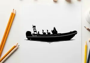 Police boat silhouette on calm waters at daytime