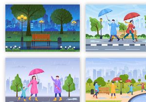 24 People in The Rain Cartoon illustration