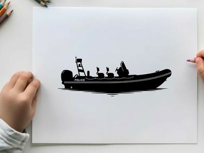 Police boat silhouette on calm waters at daytime