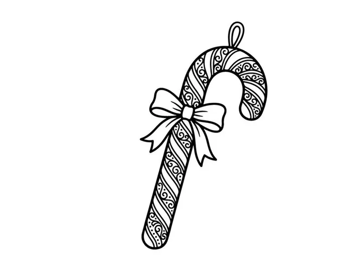 Christmas candy cane ornament with bow, hand drawn doodle style holiday illustration.
