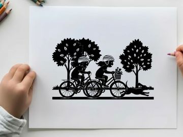 Silhouette of two cyclists riding bicycles in park preview picture