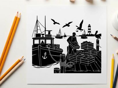 Silhouette of a man working on a dock with boats