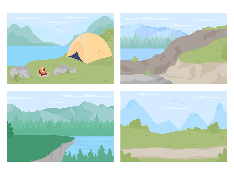 Countryside vacation flat color vector illustration set