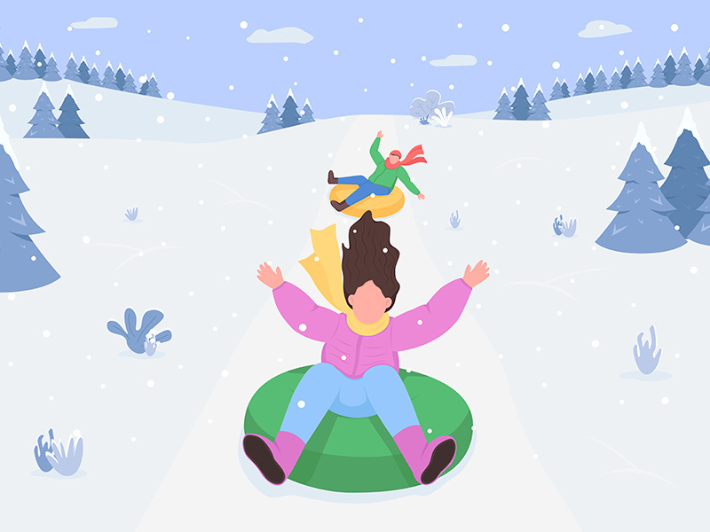 Snow hill sledging flat color vector illustration