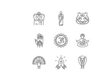 Indian spiritual symbols pixel perfect linear icons set preview picture