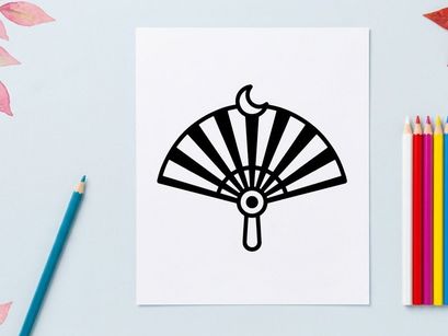 Leque minimalista de Halloween com lua crescente e estrela. Leque preto e branco para decoração de festas assustadoras e acessórios góticos.
