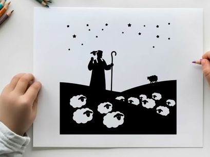 Silhouette of shepherd with sheep under starry night sky