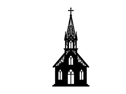 Black silhouette of a church building with a steeple and cross on a white background.