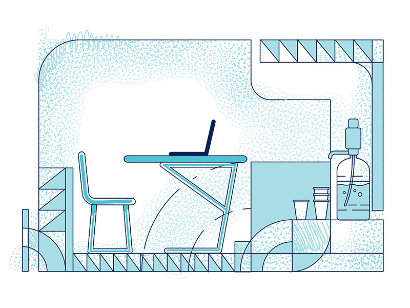 Modern workplace interior design outline vector illustration