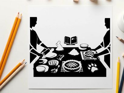 Silhouette of two people making pizzas at a table