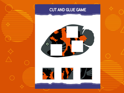 10 Pages Cut and glue game for kids with fish. Cutting practice for preschoolers. Education worksheet.