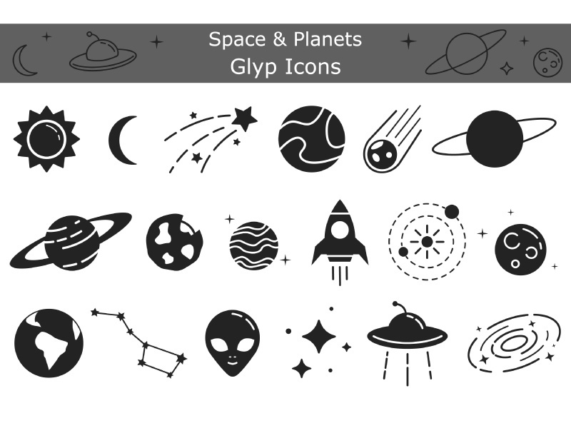 Space and planets solid black icons set