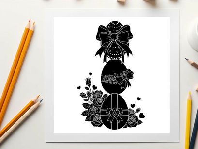 Silhouette of easter eggs with bow and flowers