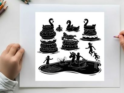 Silhouette illustration of swans and children playing on a pond