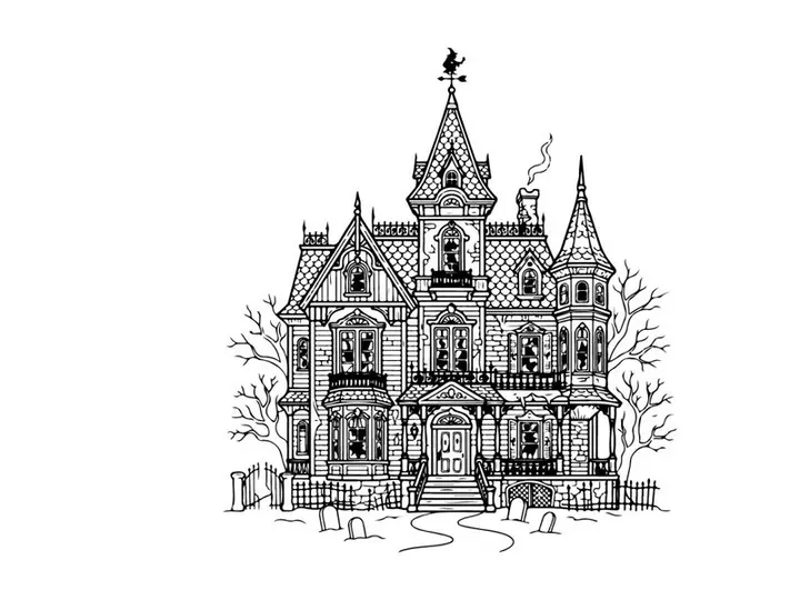Geister-Viktorianische Villa-Illustration. Gruselige gotische Hauszeichnung für Halloween-Design.
