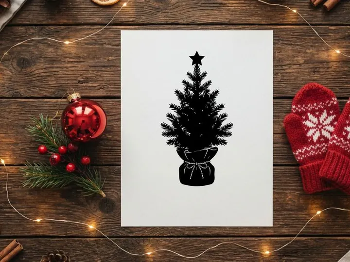 Black silhouette of a small Christmas tree with a star topper isolated on white background