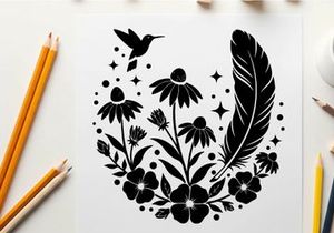 Silhouette of hummingbird flowers and feather with stars