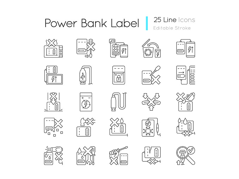 Power bank usage linear manual label icons set
