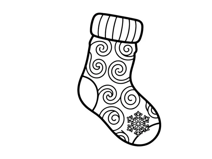 Handgezeichnete weiße Weihnachts-Socke mit festlichen Wirbelmustern und Schneeflocken-Design isoliert auf neutralem Hintergrund