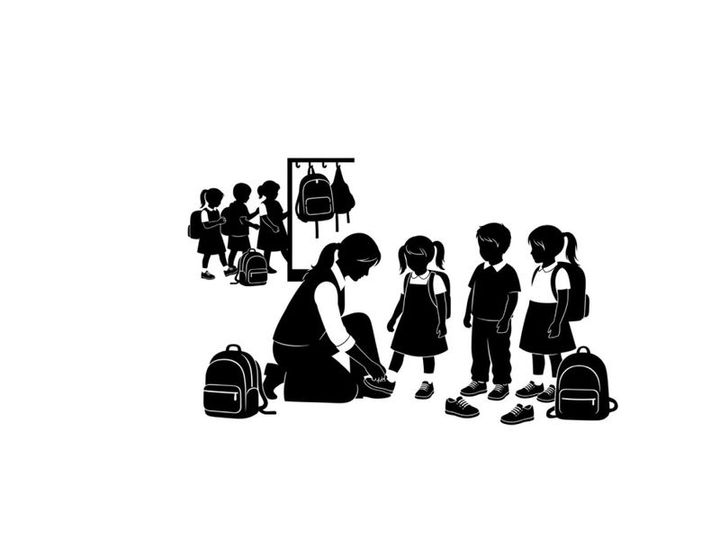 Silhouette of children and teacher in a school setting with backpacks