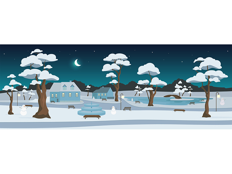 Winter park at night flat color vector illustration
