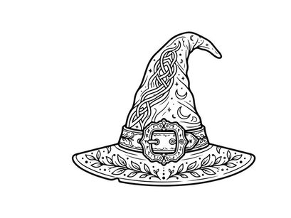 Halloween witch hat with mystical symbols and owl. Classic sorceress headwear featuring moon phases and magical creatures for festive designs.